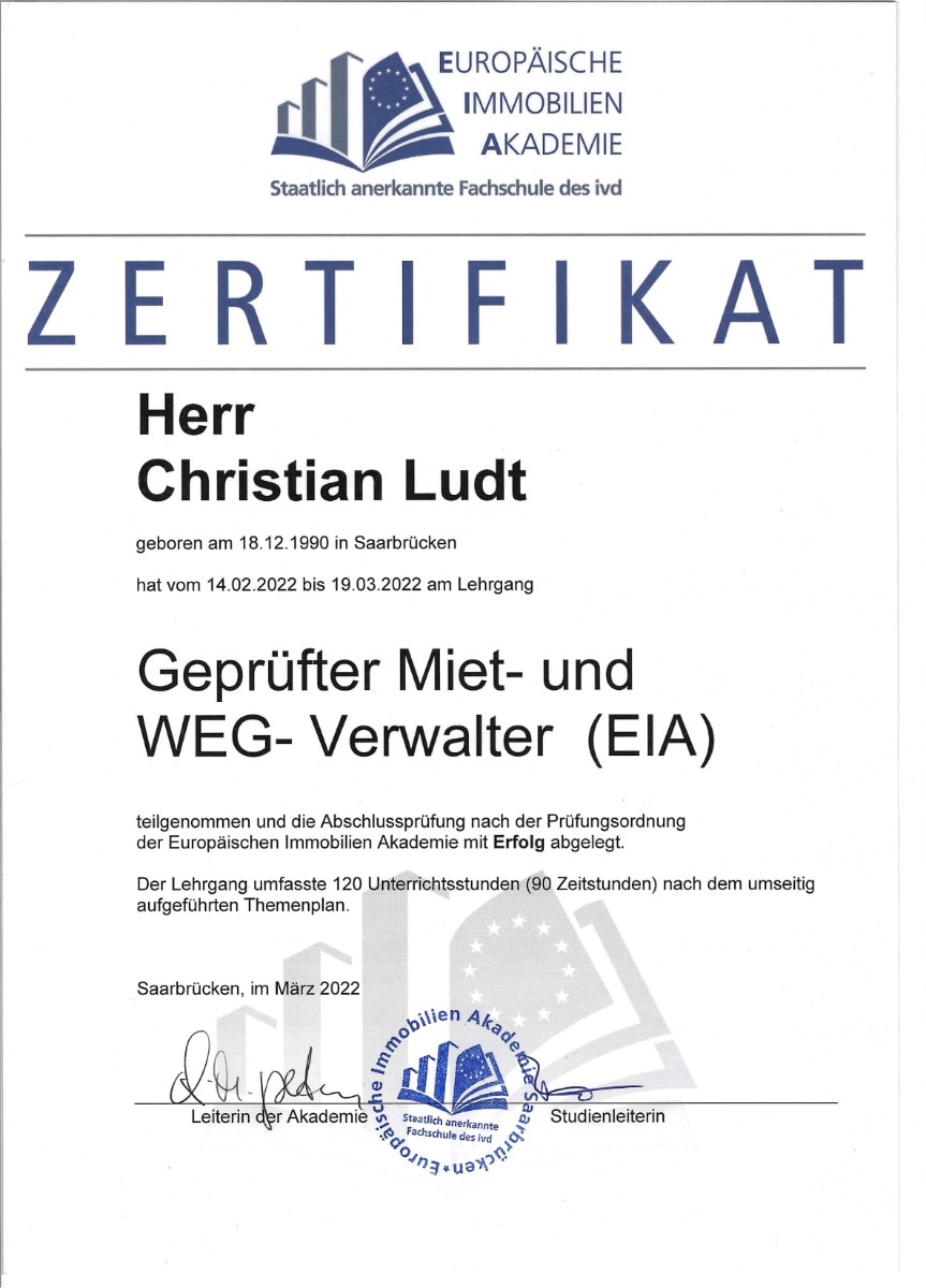 Hausverwalter Saarland - Christian Ludt - Zertifikat